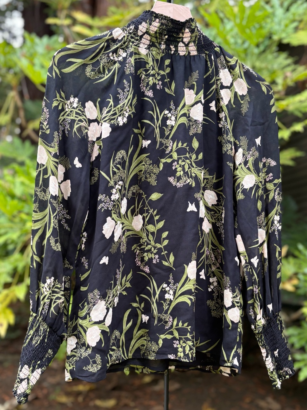 Reformation Black Floral Long-Sleeve Smocked-Neck Shirt